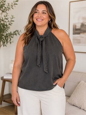 Women’s XL Charcoal Washed Tie Neck Halter Blouse Sleeveless Top